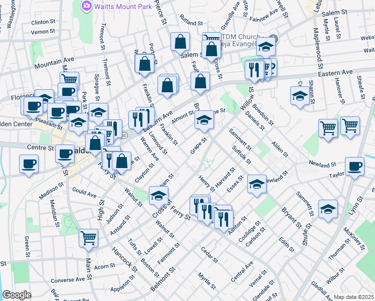 map of restaurants, bars, coffee shops, grocery stores, and more near 91 Upham Street in Malden