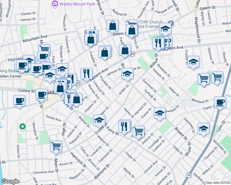 map of restaurants, bars, coffee shops, grocery stores, and more near 91 Upham Street in Malden