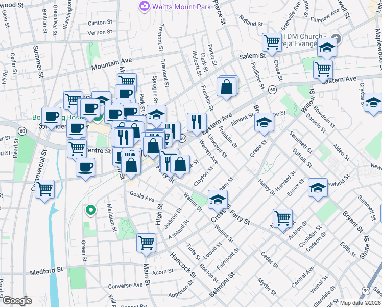 map of restaurants, bars, coffee shops, grocery stores, and more near 41 Stearns Street in Malden