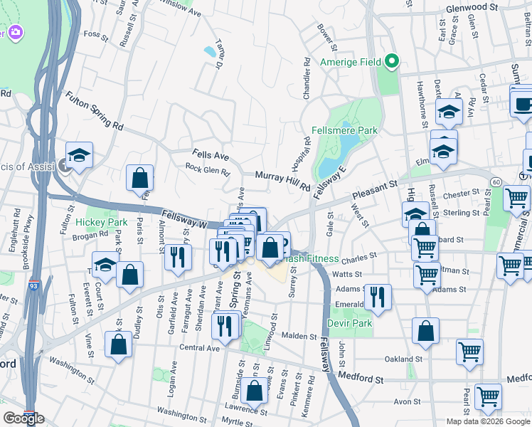 map of restaurants, bars, coffee shops, grocery stores, and more near 81 Fellsway West in Medford