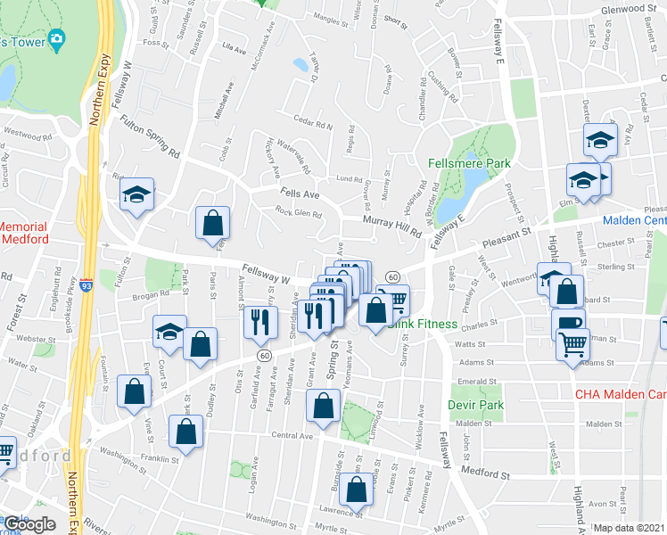 map of restaurants, bars, coffee shops, grocery stores, and more near 117 Fellsway West in Medford
