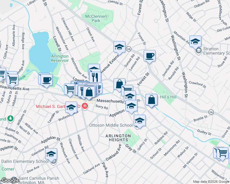 map of restaurants, bars, coffee shops, grocery stores, and more near 1263 Massachusetts Avenue in Arlington