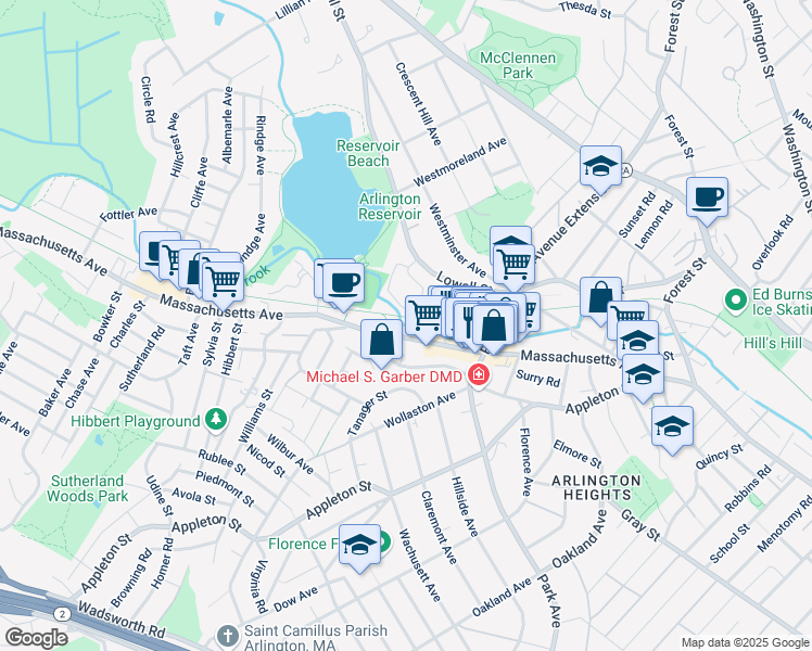 map of restaurants, bars, coffee shops, grocery stores, and more near 1406 Massachusetts Avenue in Arlington