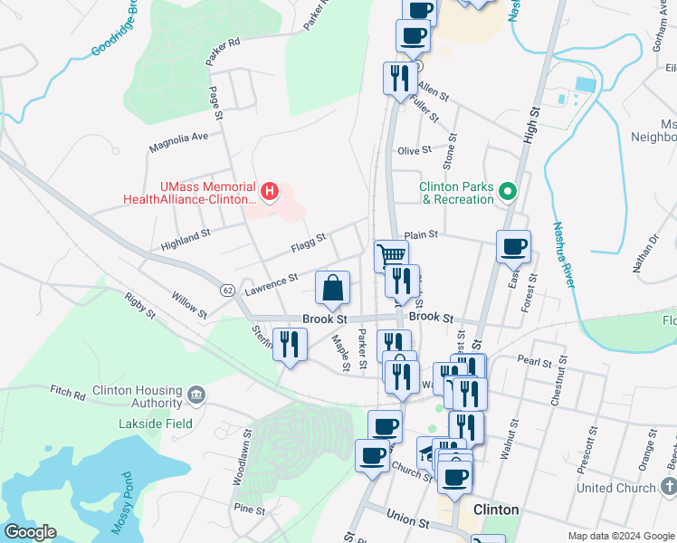 map of restaurants, bars, coffee shops, grocery stores, and more near 16 Marshall Street in Clinton