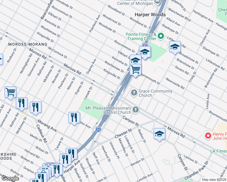 map of restaurants, bars, coffee shops, grocery stores, and more near in Detroit