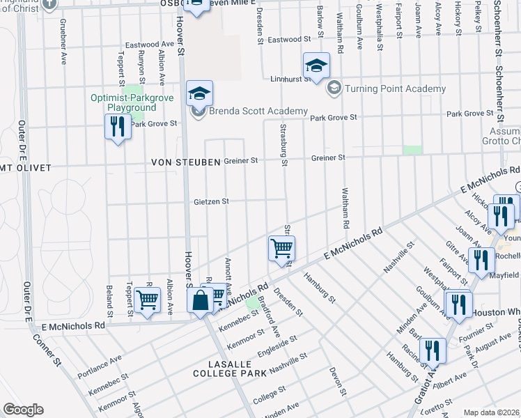 map of restaurants, bars, coffee shops, grocery stores, and more near 17337 Dresden Street in Detroit