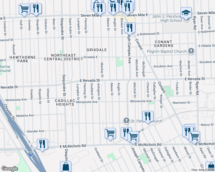 map of restaurants, bars, coffee shops, grocery stores, and more near 17880 Mackay Street in Detroit