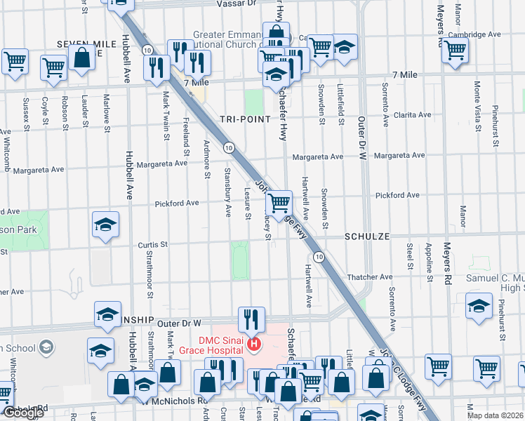 map of restaurants, bars, coffee shops, grocery stores, and more near 18242 Tracey Street in Detroit