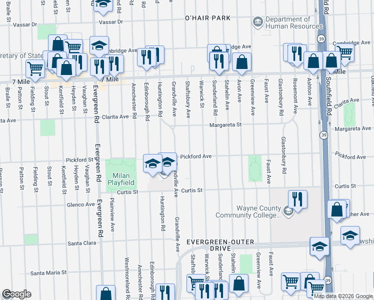 map of restaurants, bars, coffee shops, grocery stores, and more near 18330 Shaftsbury Avenue in Detroit