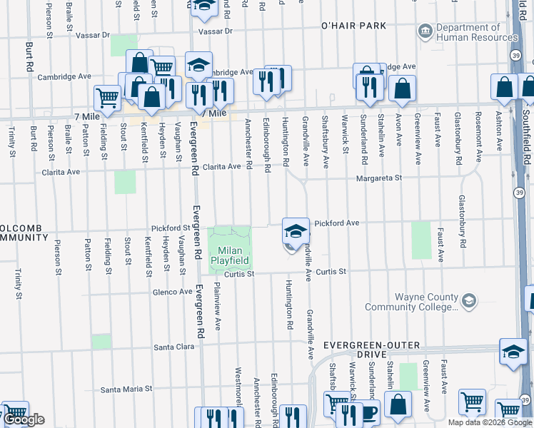 map of restaurants, bars, coffee shops, grocery stores, and more near 18400 Annchester Road in Detroit