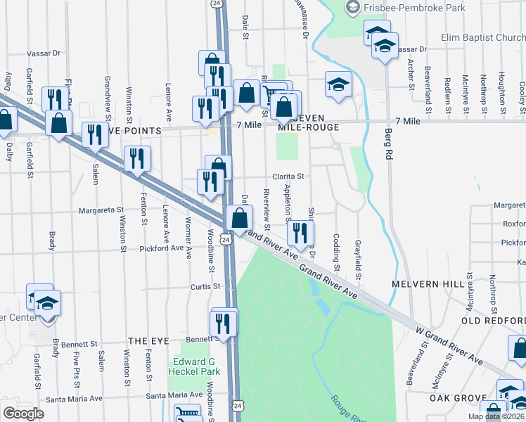 map of restaurants, bars, coffee shops, grocery stores, and more near 18501 Riverview Street in Detroit