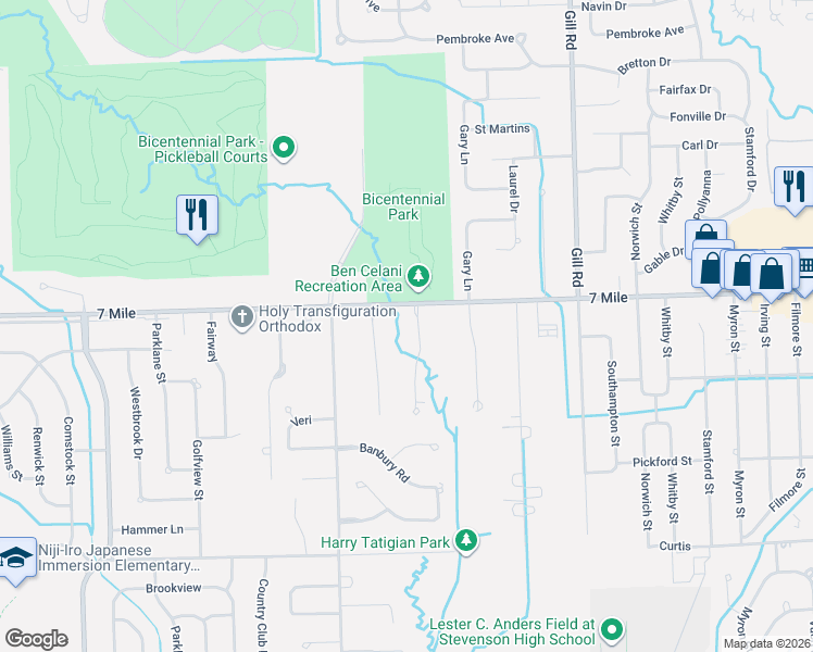 map of restaurants, bars, coffee shops, grocery stores, and more near 19009 Vanderhaven Lane in Livonia