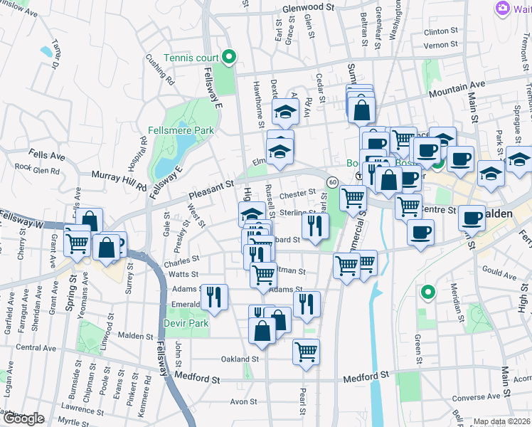 map of restaurants, bars, coffee shops, grocery stores, and more near 341 Highland Avenue in Malden