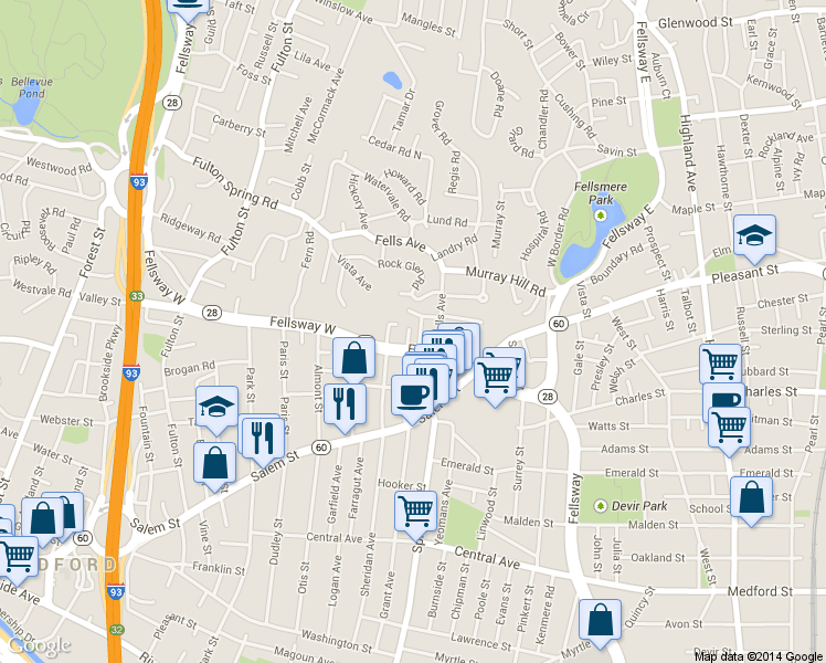 map of restaurants, bars, coffee shops, grocery stores, and more near 9 Larkin Road in Medford