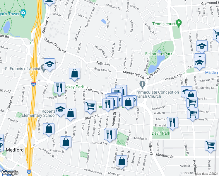 map of restaurants, bars, coffee shops, grocery stores, and more near 9 Larkin Road in Medford