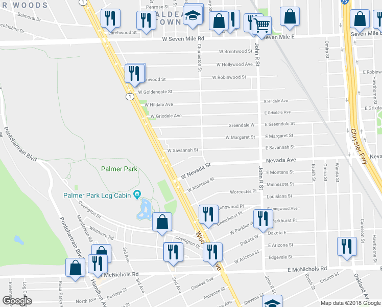 map of restaurants, bars, coffee shops, grocery stores, and more near 451 West Savannah Street in Highland Park