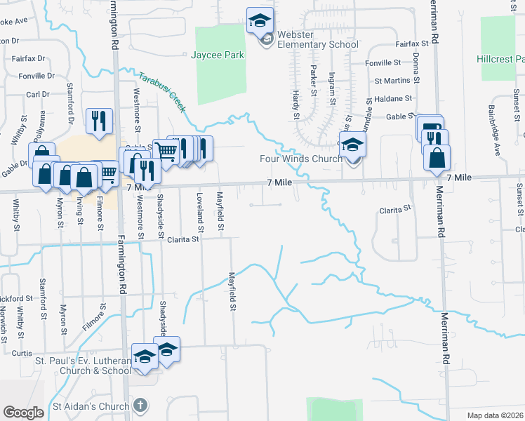 map of restaurants, bars, coffee shops, grocery stores, and more near 32407 Maria Court in Livonia