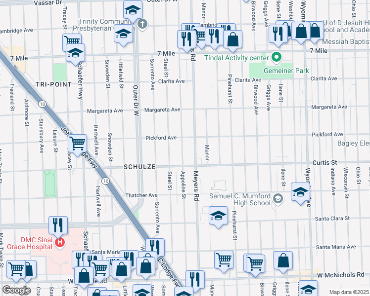 map of restaurants, bars, coffee shops, grocery stores, and more near 18233 Appoline Street in Detroit