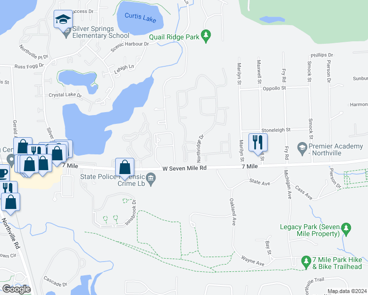 map of restaurants, bars, coffee shops, grocery stores, and more near 19263 Surrey Lane in Northville
