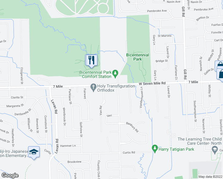 map of restaurants, bars, coffee shops, grocery stores, and more near 35525 West Seven Mile Road in Livonia