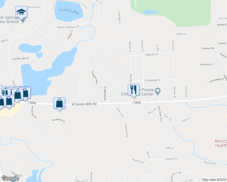 map of restaurants, bars, coffee shops, grocery stores, and more near 19242 Northridge Drive in Northville