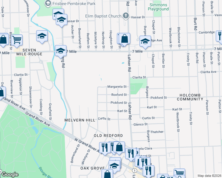 map of restaurants, bars, coffee shops, grocery stores, and more near 22131 Roxford Street in Detroit