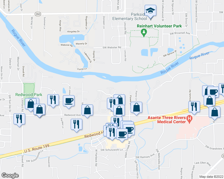 map of restaurants, bars, coffee shops, grocery stores, and more near 1345 Southwest Argo Lane in Grants Pass