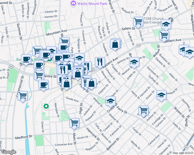 map of restaurants, bars, coffee shops, grocery stores, and more near 41 Stearns Street in Malden