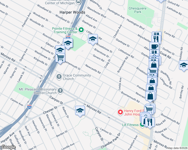 map of restaurants, bars, coffee shops, grocery stores, and more near 21411 Bournemouth Street in Harper Woods