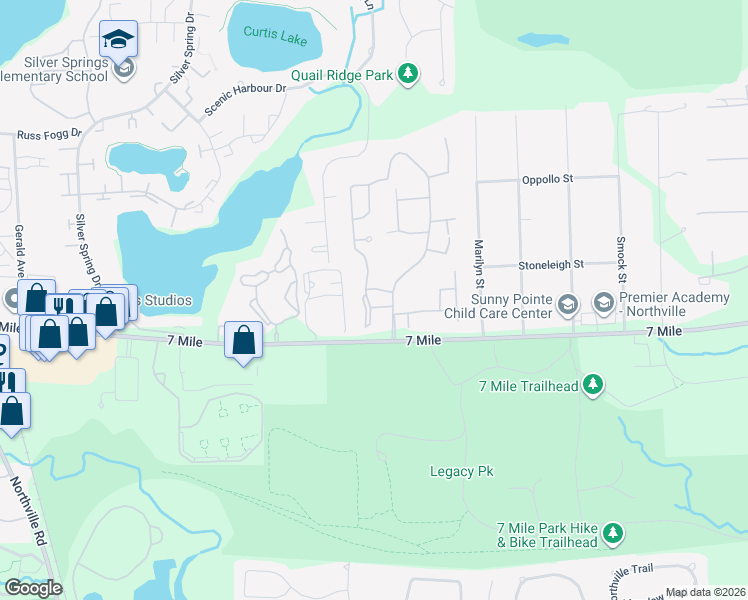 map of restaurants, bars, coffee shops, grocery stores, and more near 19205 Surrey Lane in Northville