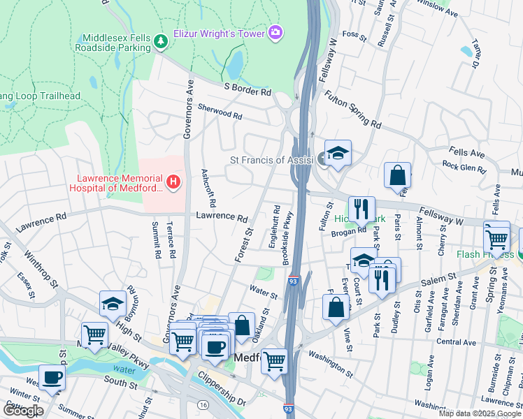 map of restaurants, bars, coffee shops, grocery stores, and more near 163 Forest Street in Medford