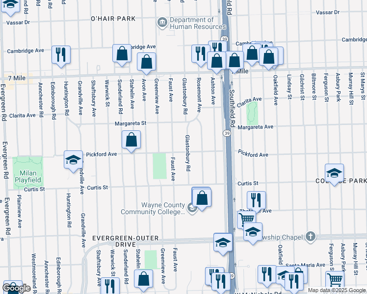 map of restaurants, bars, coffee shops, grocery stores, and more near 18321 Glastonbury Road in Detroit
