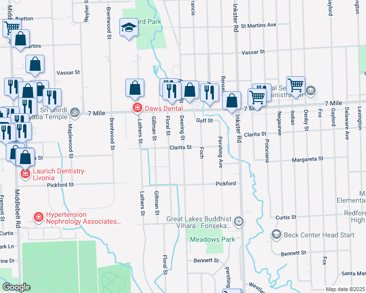 map of restaurants, bars, coffee shops, grocery stores, and more near 18709 Deering in Livonia