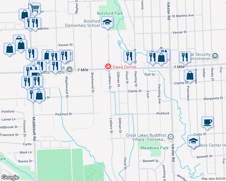 map of restaurants, bars, coffee shops, grocery stores, and more near 18741 Lathers Street in Livonia