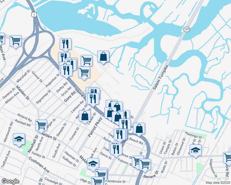 map of restaurants, bars, coffee shops, grocery stores, and more near 83 Ward Street in Revere