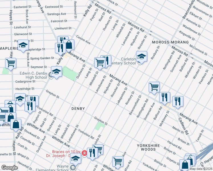 map of restaurants, bars, coffee shops, grocery stores, and more near 11637 Wayburn Street in Detroit