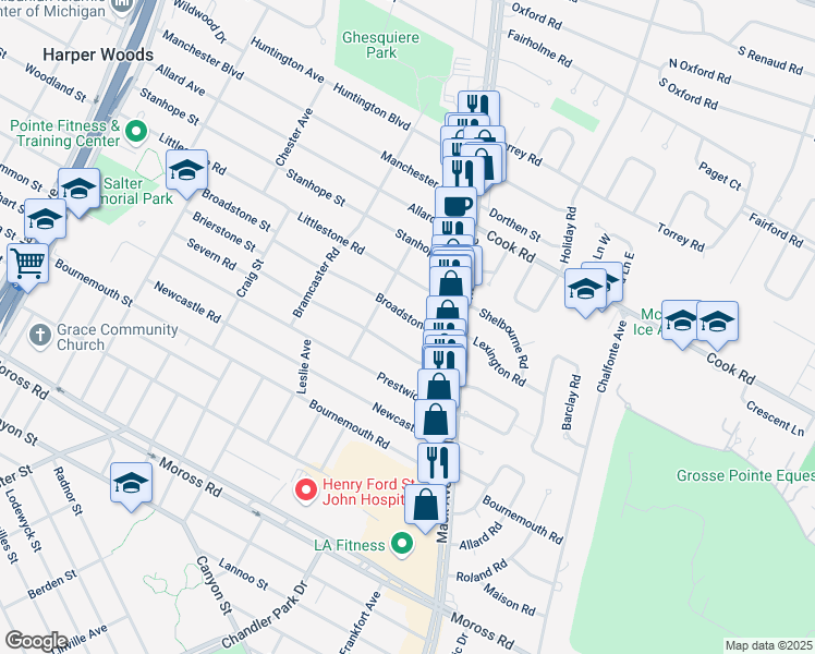 map of restaurants, bars, coffee shops, grocery stores, and more near 1707 Severn Road in Grosse Pointe Woods