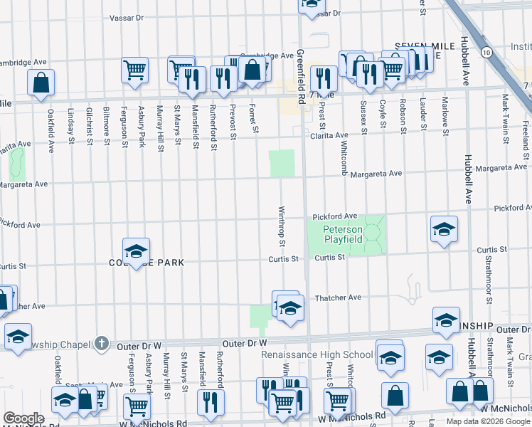 map of restaurants, bars, coffee shops, grocery stores, and more near 18296 Forrer Street in Detroit