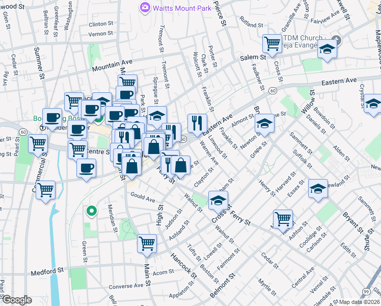map of restaurants, bars, coffee shops, grocery stores, and more near 15 Stearns Street in Malden