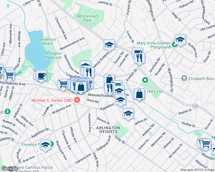 map of restaurants, bars, coffee shops, grocery stores, and more near 1 Watermill Place in Arlington