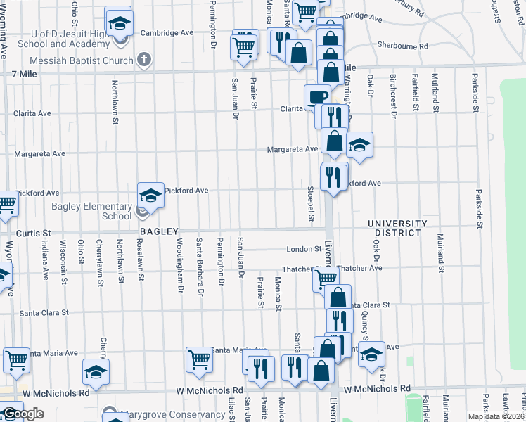 map of restaurants, bars, coffee shops, grocery stores, and more near 18250 Prairie Street in Detroit