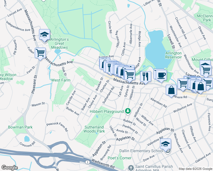map of restaurants, bars, coffee shops, grocery stores, and more near 36 Charles Street in Lexington
