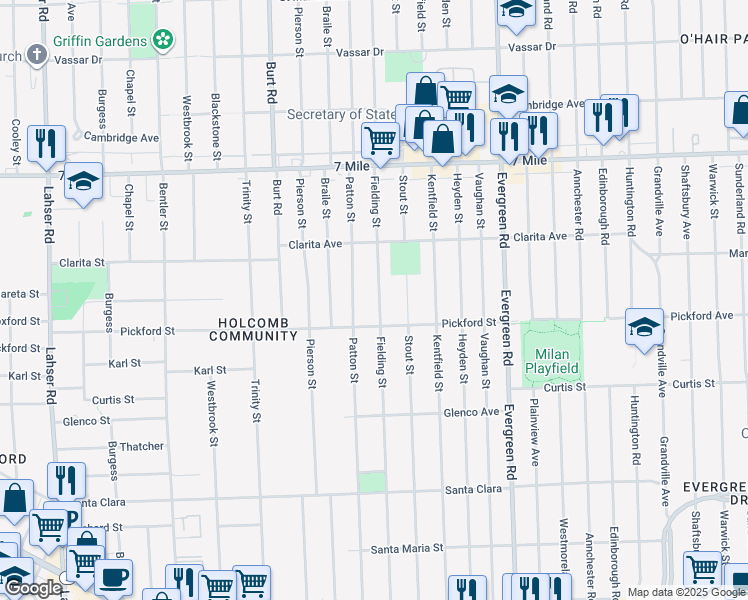 map of restaurants, bars, coffee shops, grocery stores, and more near 18457 Fielding Street in Detroit