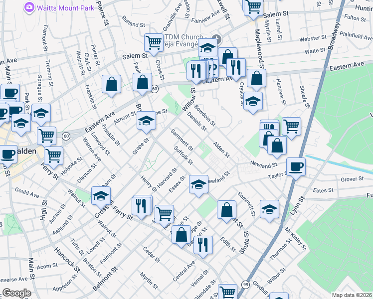 map of restaurants, bars, coffee shops, grocery stores, and more near 69 Suffolk Street in Malden