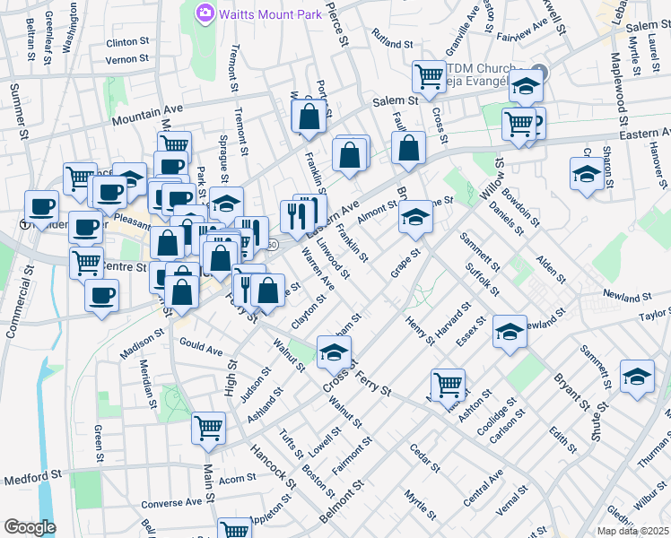 map of restaurants, bars, coffee shops, grocery stores, and more near 60 Warren Avenue in Malden