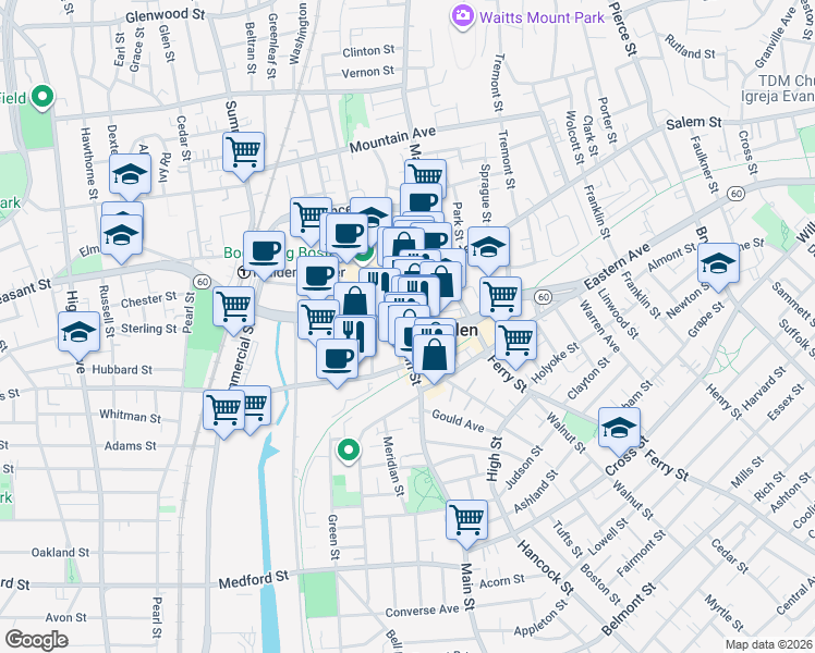 map of restaurants, bars, coffee shops, grocery stores, and more near 11 Charles Street in Malden