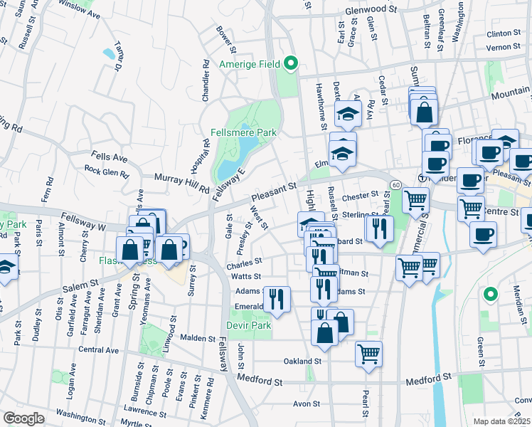 map of restaurants, bars, coffee shops, grocery stores, and more near 81 Wentworth Street in Malden