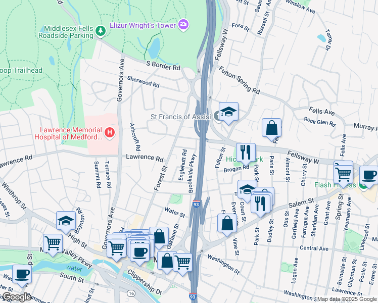 map of restaurants, bars, coffee shops, grocery stores, and more near 204 Brookside Parkway in Medford