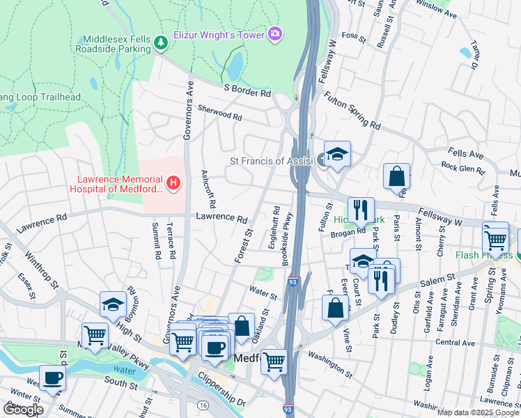 map of restaurants, bars, coffee shops, grocery stores, and more near 163 Forest Street in Medford
