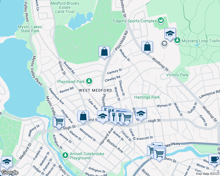 map of restaurants, bars, coffee shops, grocery stores, and more near in Medford